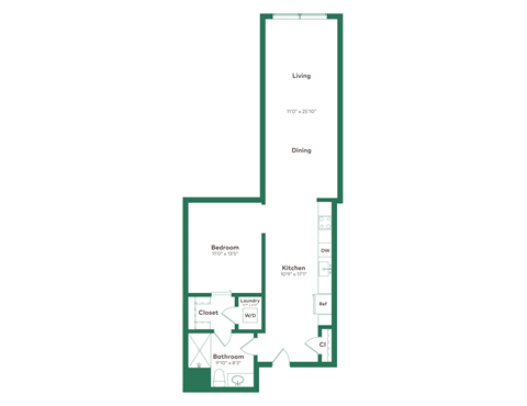 Floor plan for 1 bed, 1 bath, 866 sqft